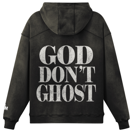 Black hoodie with 'GOD DON'T GHOST' text on the back against a white background