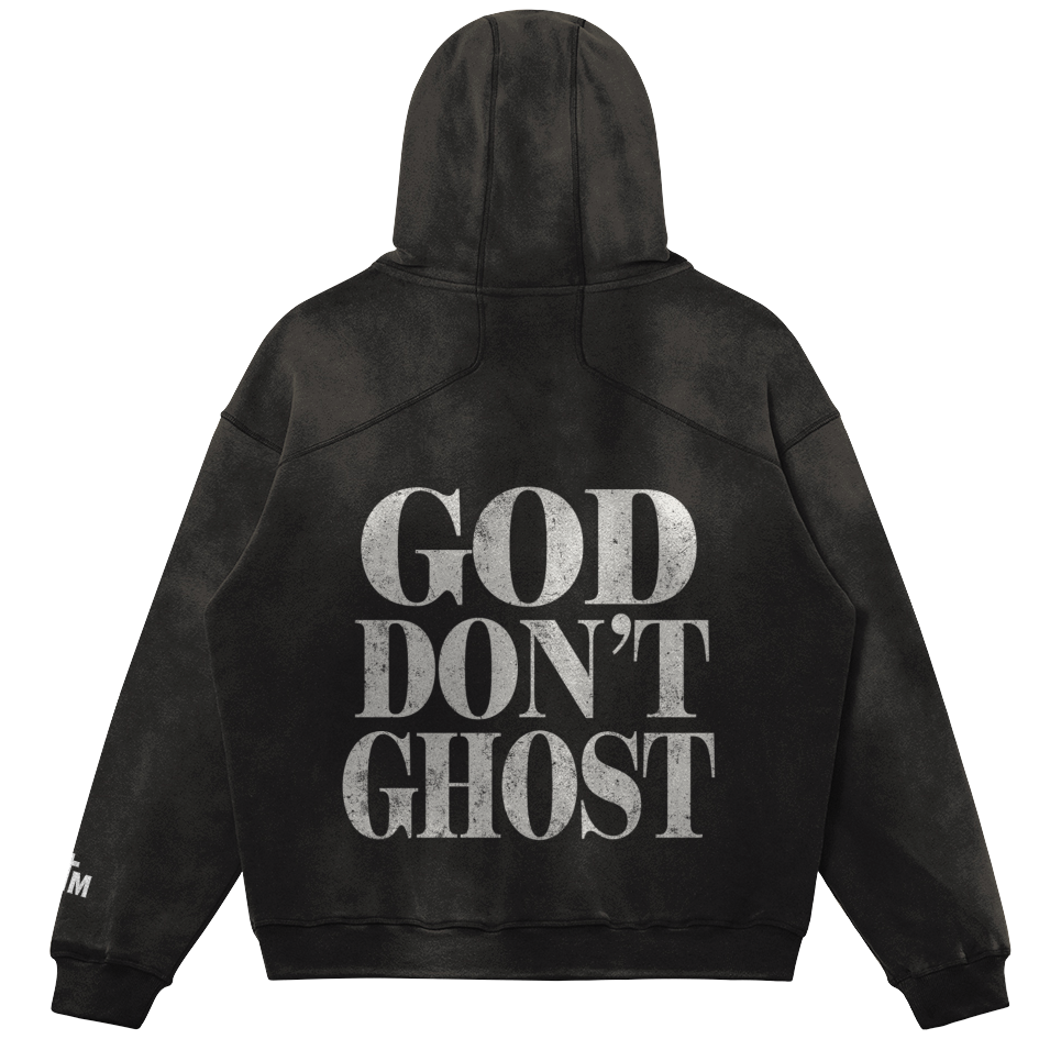 Black hoodie with 'GOD DON'T GHOST' text on the back against a white background