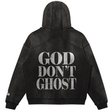 Black hoodie with 'GOD DON'T GHOST' text on the back against a white background