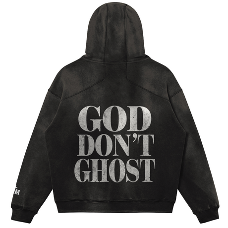 Black hoodie with 'GOD DON'T GHOST' text on the back against a white background