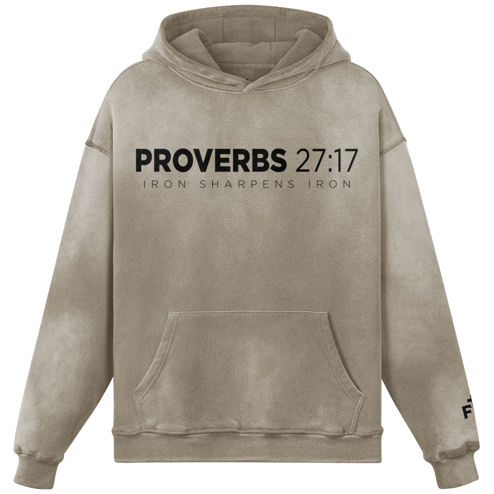 Beige hoodie with 'Proverbs 27:17' text on a white background