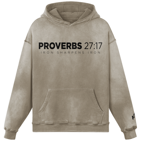 Beige hoodie with 'Proverbs 27:17' text on a white background
