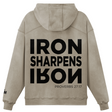 Beige hoodie with 'IRON SHARPENS IRON' text on the back against a white background