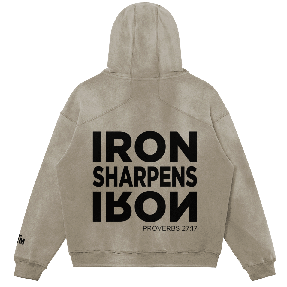 Beige hoodie with 'Iron Sharpens Iron' text on the back against a white background