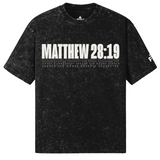 Black t-shirt with 'Matthew 28:19' text on a white background
