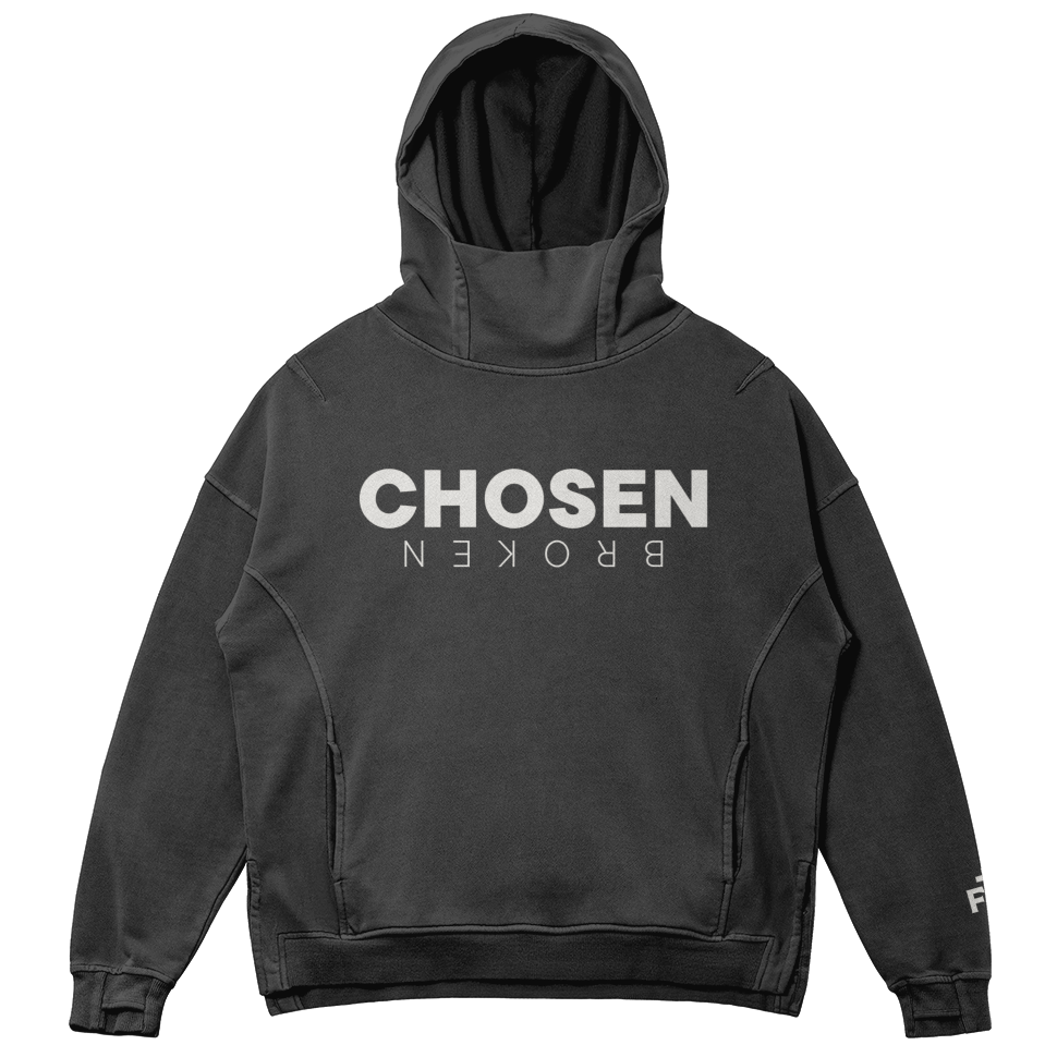 Black hoodie with 'CHosen BROKEN' text on a white background