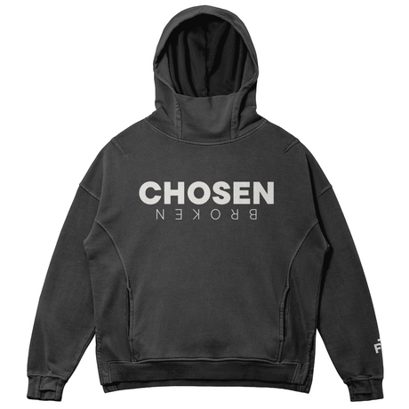 Black hoodie with 'CHosen BROKEN' text on a white background