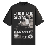 Black t-shirt with graphic design and text on a white background