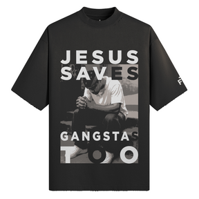 Black t-shirt with graphic design and text on a white background