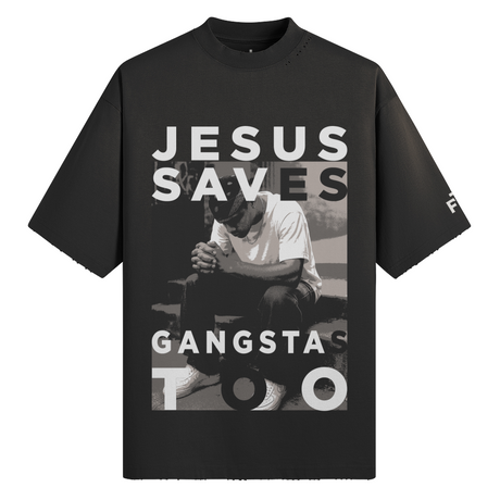 Black t-shirt with graphic design and text on a white background