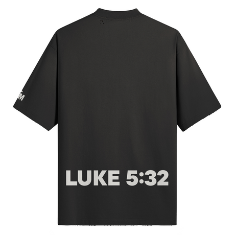 Black t-shirt with 'LUKE 5:32' printed on the back against a white background