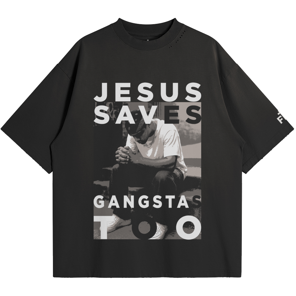 Black t-shirt with graphic design and text on a white background