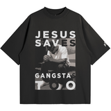 Black t-shirt with graphic design and text on a white background