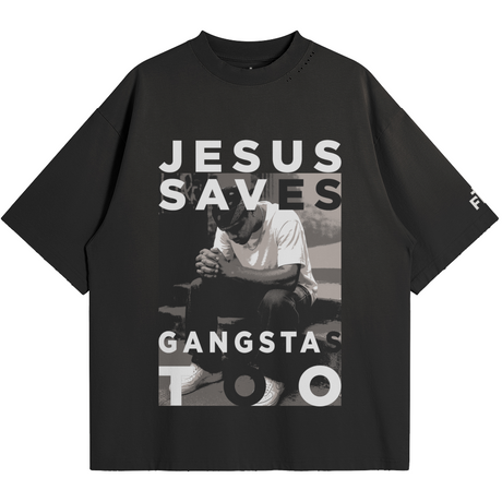 Black t-shirt with graphic design and text on a white background