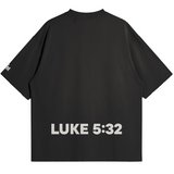 Black t-shirt with 'LUKE 5:32' printed on the back against a white background