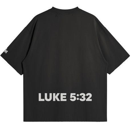 Black t-shirt with 'LUKE 5:32' printed on the back against a white background