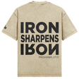 Beige t-shirt with 'IRON SHARPENS IRON' text on the back against a white background
