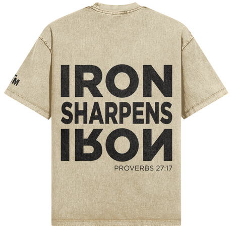 Beige t-shirt with 'IRON SHARPENS IRON' text on the back against a white background
