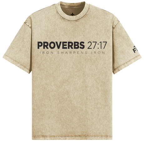 Beige t-shirt with black text on a white background