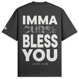 Black t-shirt with white text on a white background