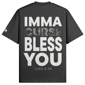 Black t-shirt with white text on a white background