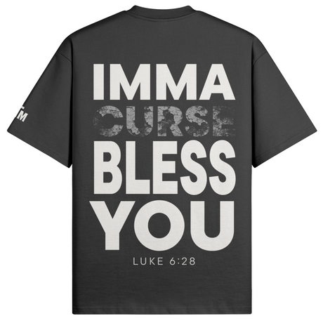 Black t-shirt with white text on a white background