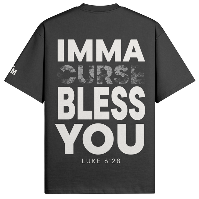 Black t-shirt with white text on a white background