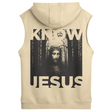 Beige sleeveless hoodie with a graphic of Jesus and text on the back, on a white background.