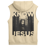 Beige sleeveless hoodie with a graphic of Jesus and text on the back, on a white background.
