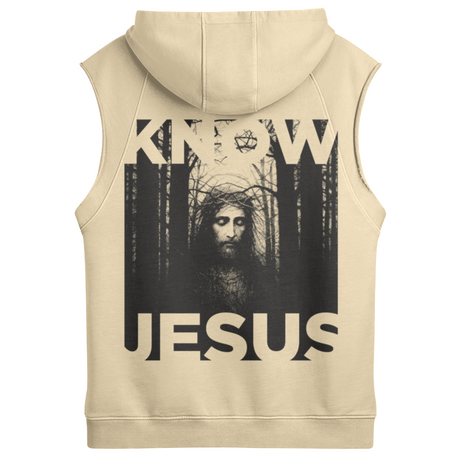 Beige sleeveless hoodie with a graphic of Jesus and text on the back, on a white background.