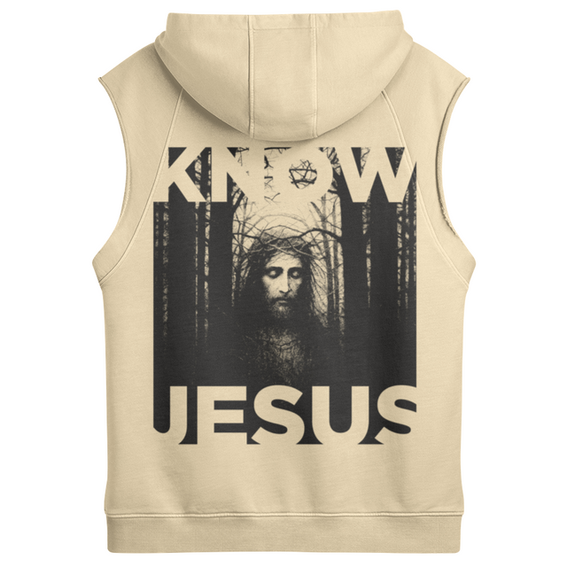Beige sleeveless hoodie with a graphic of Jesus and text on the back, on a white background.