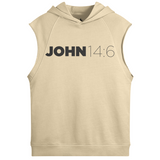 Beige sleeveless hoodie with 'JOHN 14:6' text on a white background