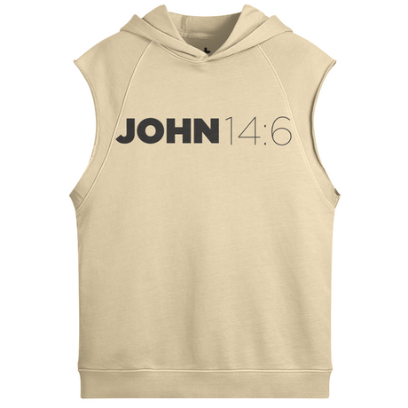 Beige sleeveless hoodie with 'JOHN 14:6' text on a white background