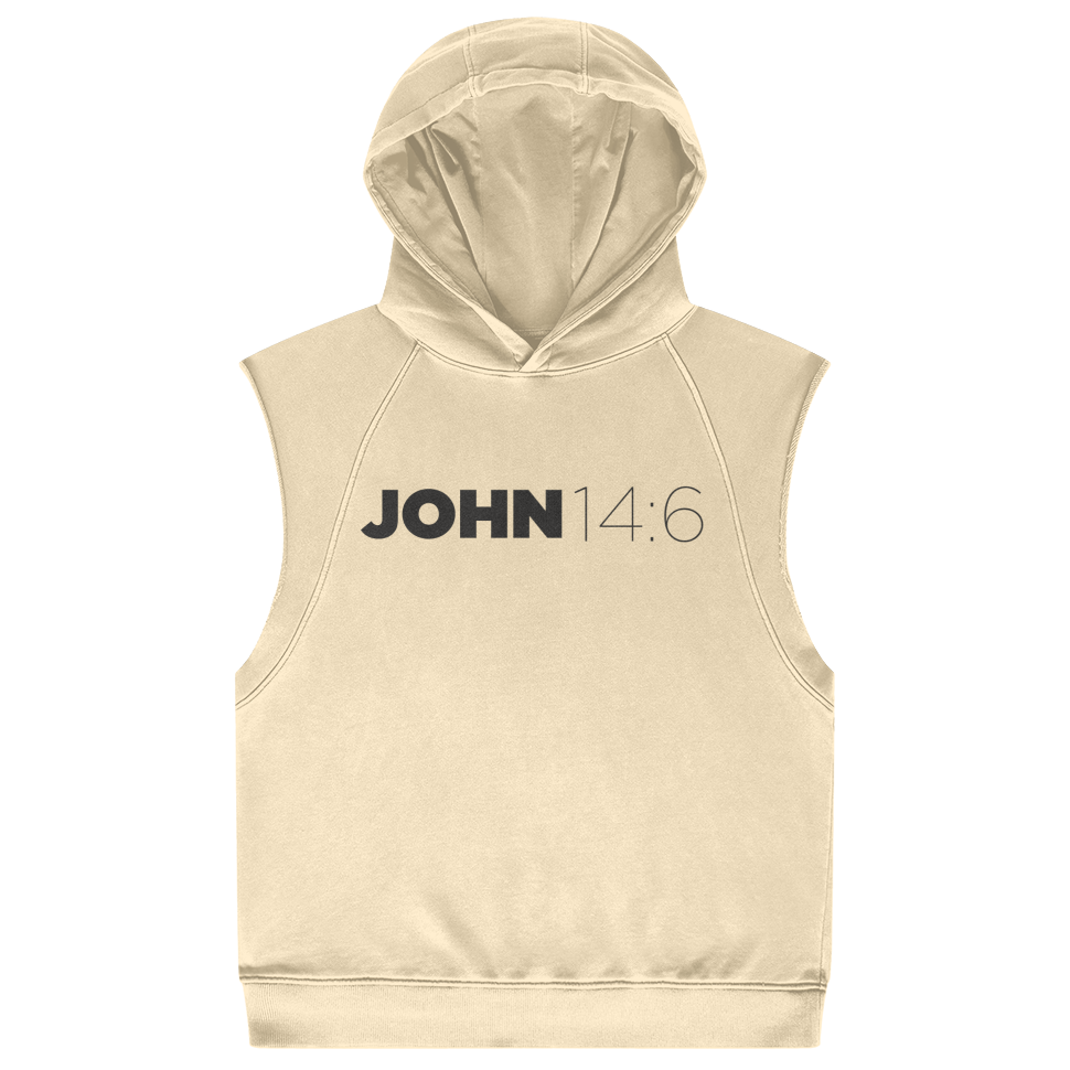 Beige sleeveless hoodie with 'JOHN 14:6' text on a white background