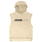 Beige sleeveless hoodie with 'JOHN 14:6' text on a white background