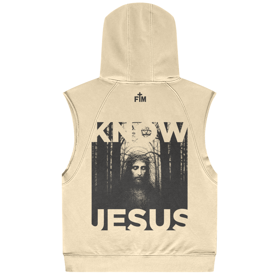 Beige sleeveless hoodie with a graphic of JESUS and 'KNOW JESUS' text on the back, on a white background.