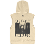 Beige sleeveless hoodie with a graphic of JESUS and 'KNOW JESUS' text on the back, on a white background.