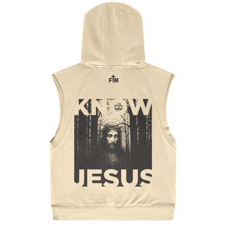 Beige sleeveless hoodie with a graphic of JESUS and 'KNOW JESUS' text on the back, on a white background.