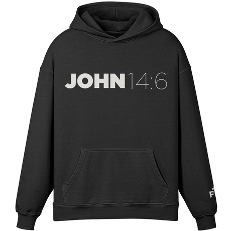 Black hoodie with 'JOHN 14:6' text on a white background