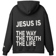 Black hoodie with white text on the back on a white background