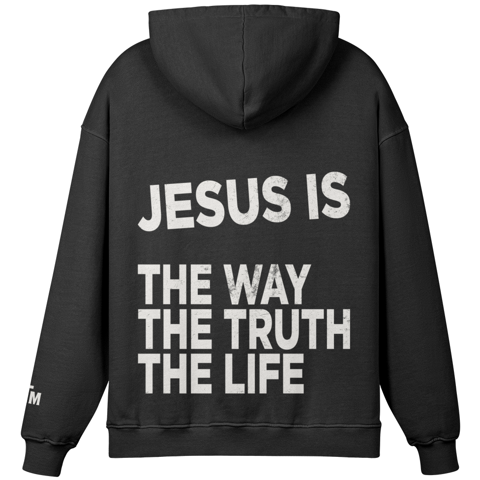 Black hoodie with white text on the back on a white background