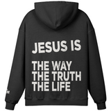 Black hoodie with white text on the back on a white background