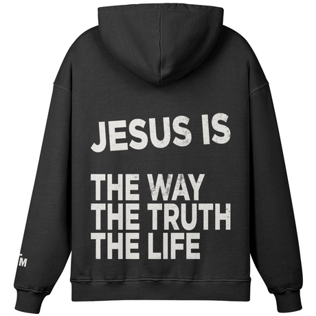 Black hoodie with white text on the back on a white background