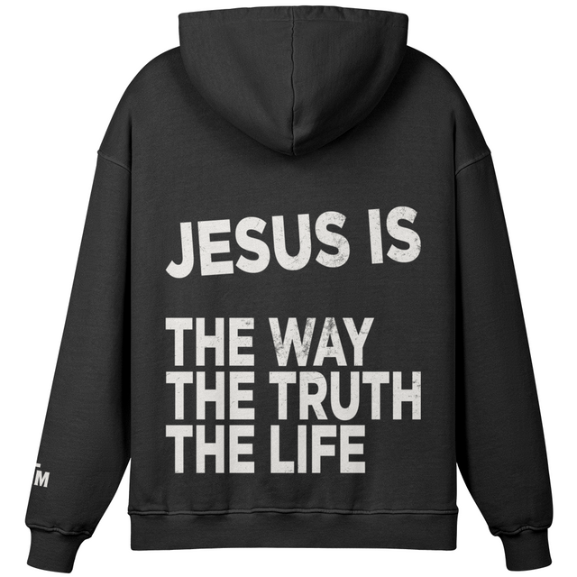 Black hoodie with white text on the back on a white background