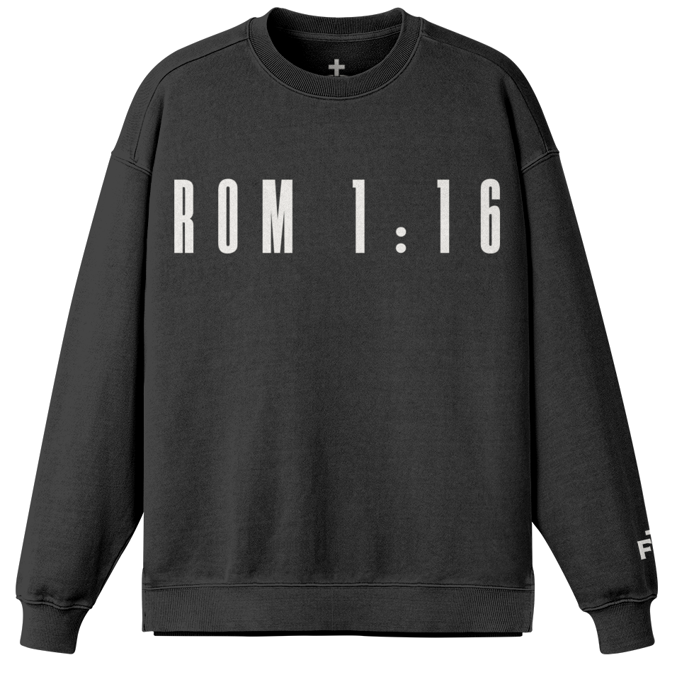 Black sweatshirt with 'ROM 1:16' text on a white background