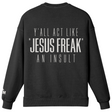Black sweatshirt with white text on a white background