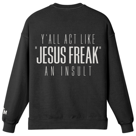 Black sweatshirt with white text on a white background