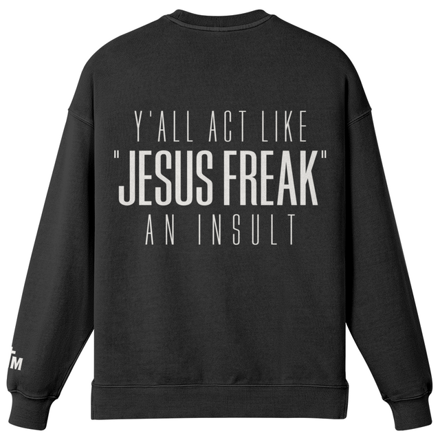 Black sweatshirt with white text on a white background