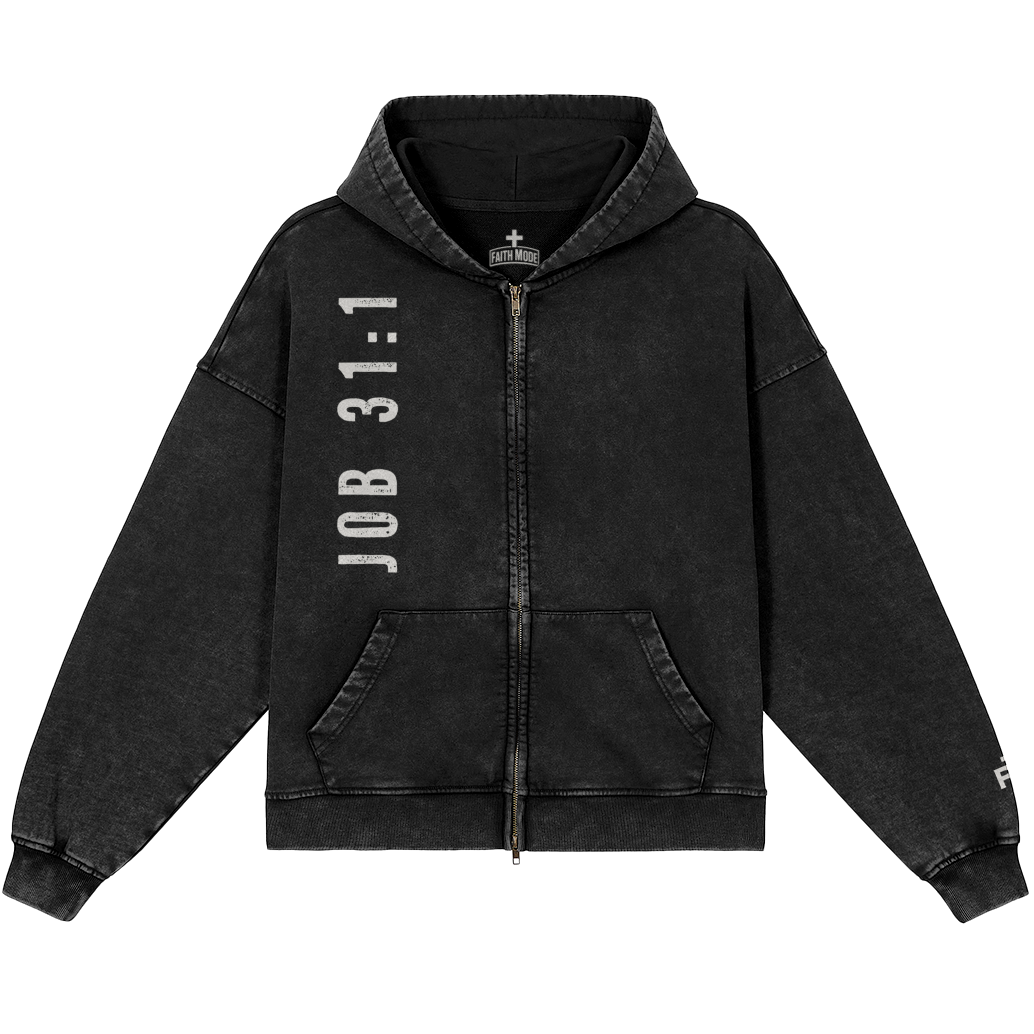 Black hoodie with 'JOB 31:1' text on a white background