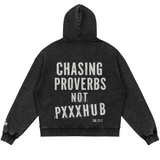 Black hoodie with text on the back on a white background